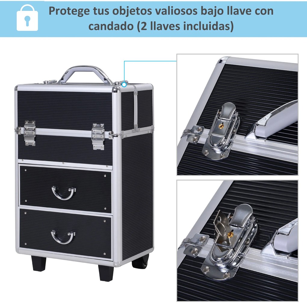 HOMCOM Estojo de maquiagem portátil Estojo profissional de cosméticos com 6 gavetas extensíveis, fechadura, rodas e alça retrátil 36x23x58 cm preta