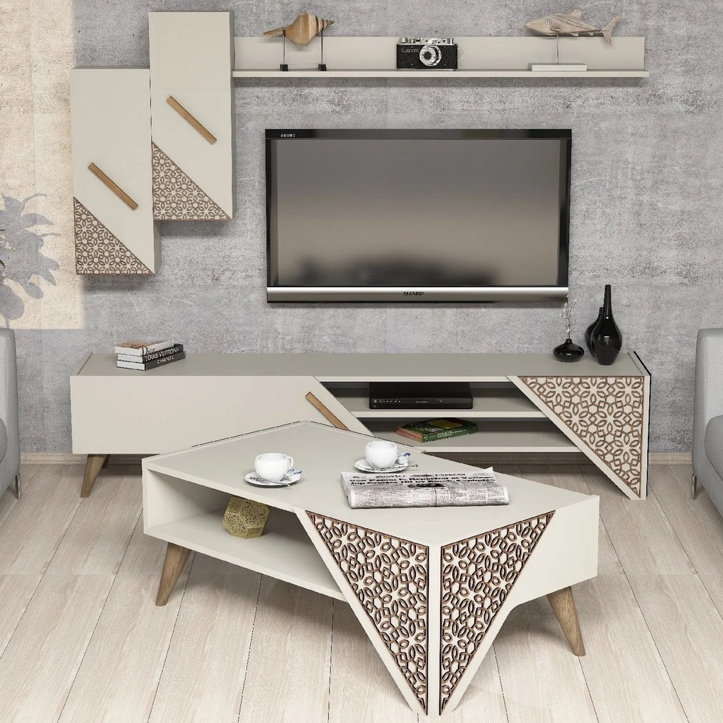 Conjunto de Mobiliário de Sala de Estar Beril – Creme – Conjunto Compl