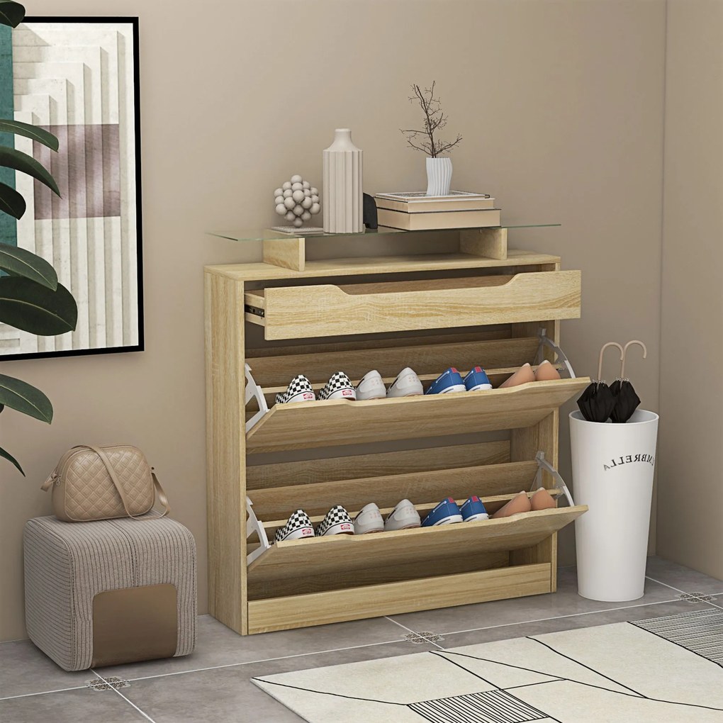 Sapateira 89 x 23 x 96 cm com 2 gavetas rebatíveis + 1 gaveta deslizante + 1 balcão e 1 prateleira de vidro ajustável cor carvalho