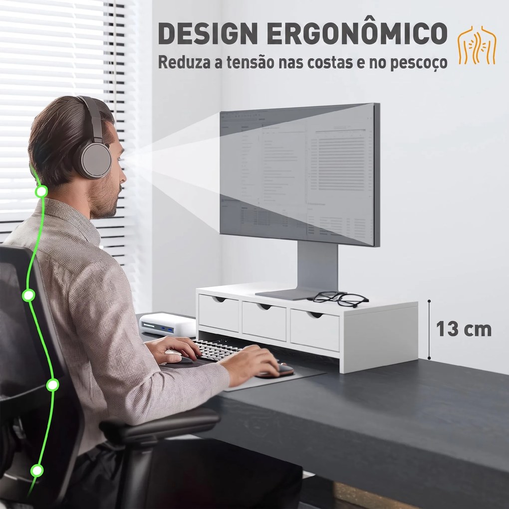 Suporte Elevatório para Monitor de Secretária com 3 Gavetas para PC e Portátil 51x24x13 cm Branco