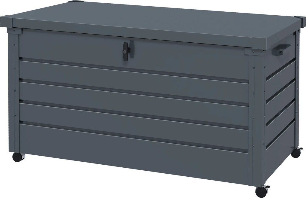 Caixa de arrumação 120 x 62 x 66 cm para exterior 311L, com amortecedor a gás, rodas e pega, em aço galvanizado, cinzento