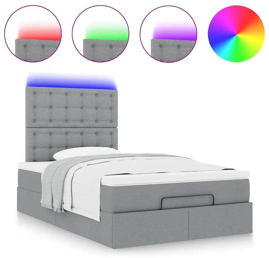 Estrutura de cama otomana com colchão cinza claro tecido