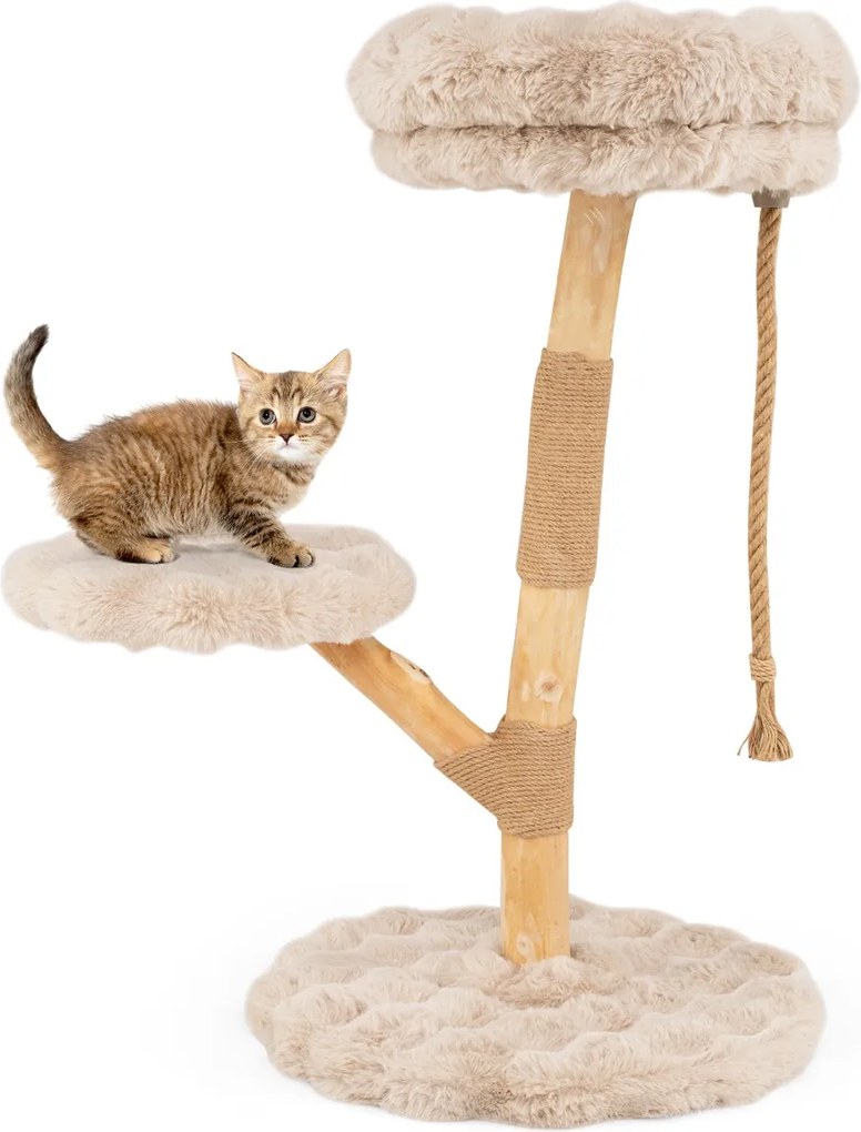 Arranhador para gatos 50 x 90 cm com plataforma central de atividades em madeira maciça, com postes para arranhar em juta natural, natural e bege