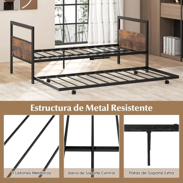 Cama de solteiro de metal 90 x 200 CM com cabeceira e estribo Pernas dobráveis Estrutura de cama com ripas de metal Castanho