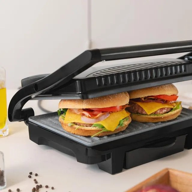 Grelhador elétrico Rock'nGrill Dark 1000. 1000 W, revestimento de pedra, tabuleiro para gorduras, placa superior flutuante, superfície 25,4x17,5 cm, s