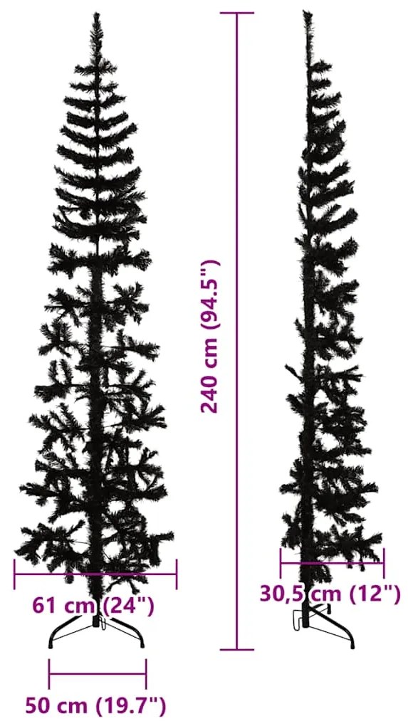 Meia árvore de Natal fina com suporte 240 cm preto