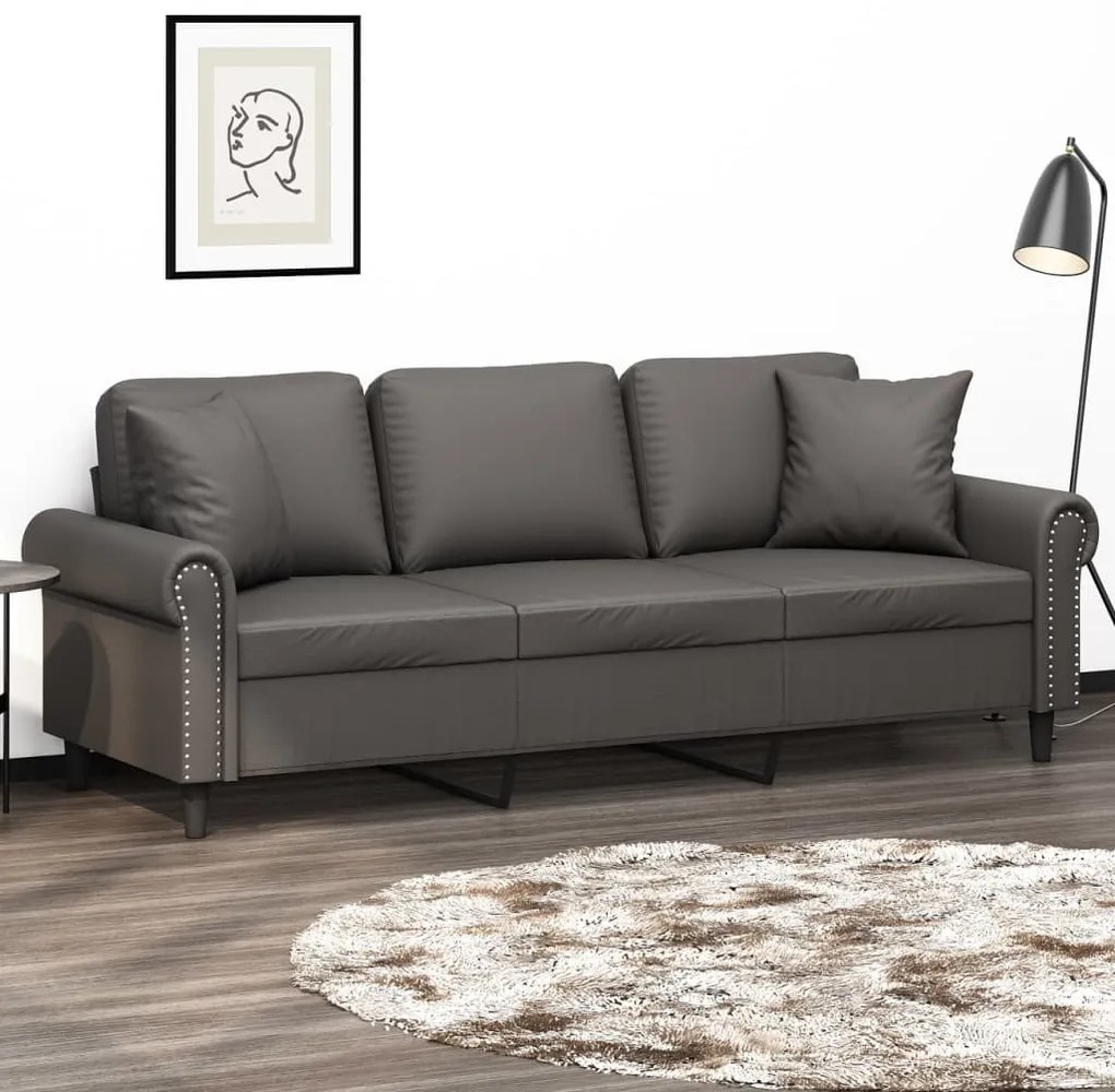 vidaXL Sofá 3 lugares c/ almofadas/almofadões 180cm couro artif. cinza