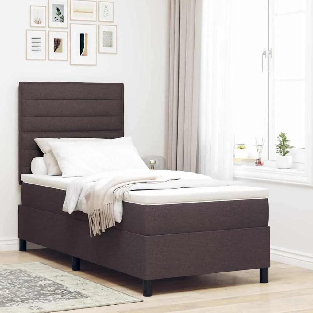 vidaXL Cama Box com Colchão Castanho Escuro Solteiro Tecido
