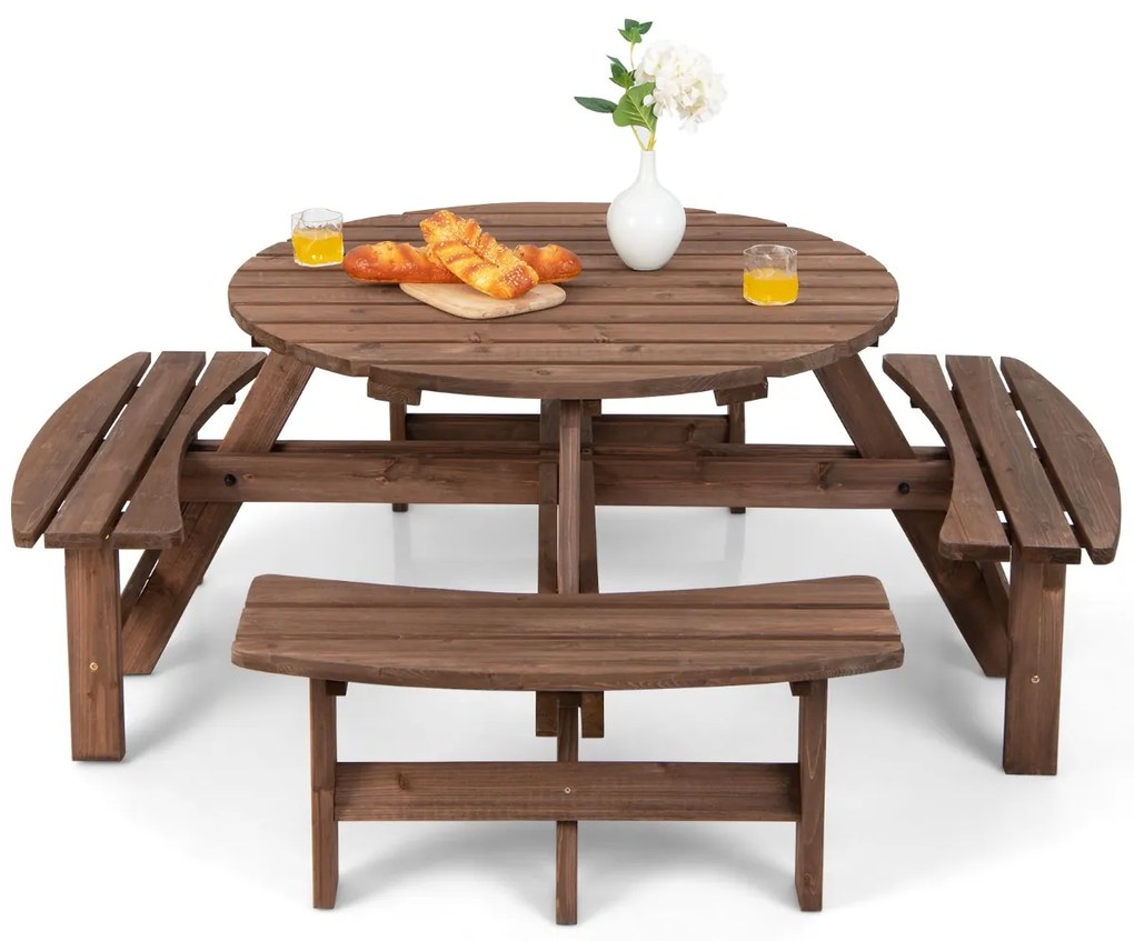 Conjunto jardim de mesa de madeira para 8 pessoas ao ar livre com mesa de piquenique com buraco para guarda-sol e 4 bancos de jardim Castanho