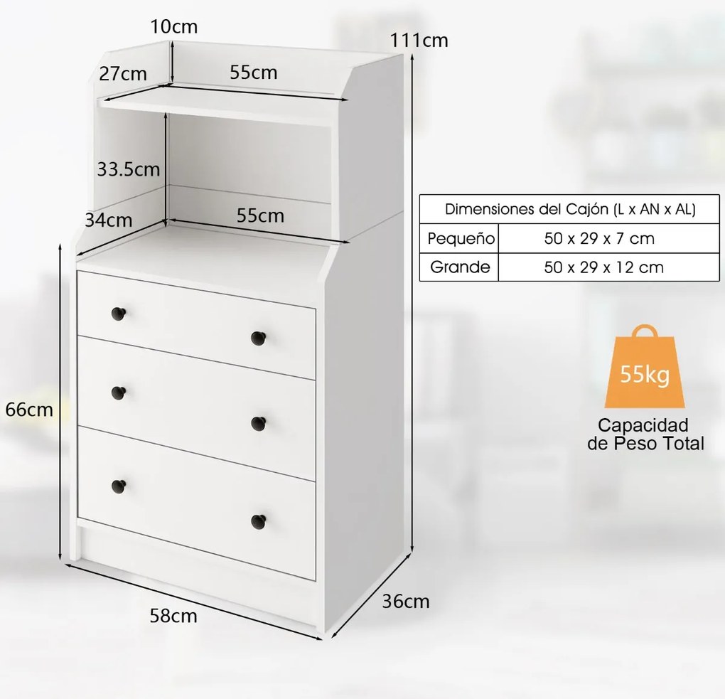 Cómoda Bianca com 3 Gavetas e Estantes Abertas – Modelo Bianca | 58x36