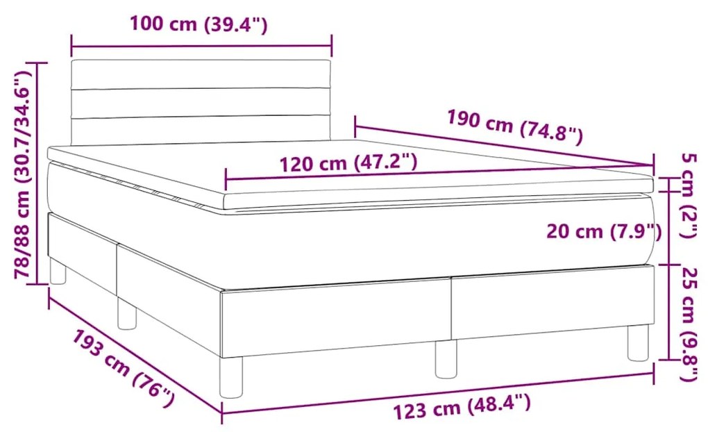 Cama box spring colchão/LED 120x190cm tecido cinza-acastanhado