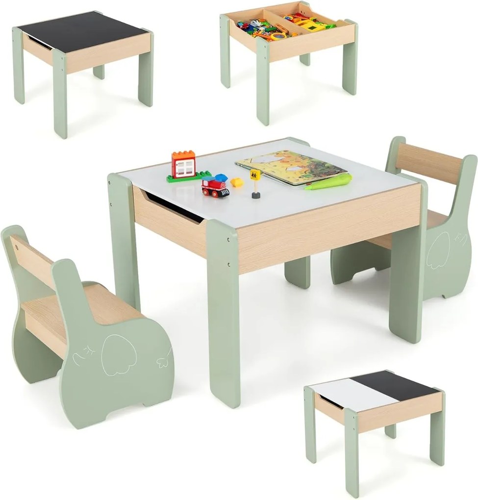 Conjunto de mesa e cadeiras infantil de 3 peças com arrumação e quadro removível para sala de jogos e creche verde