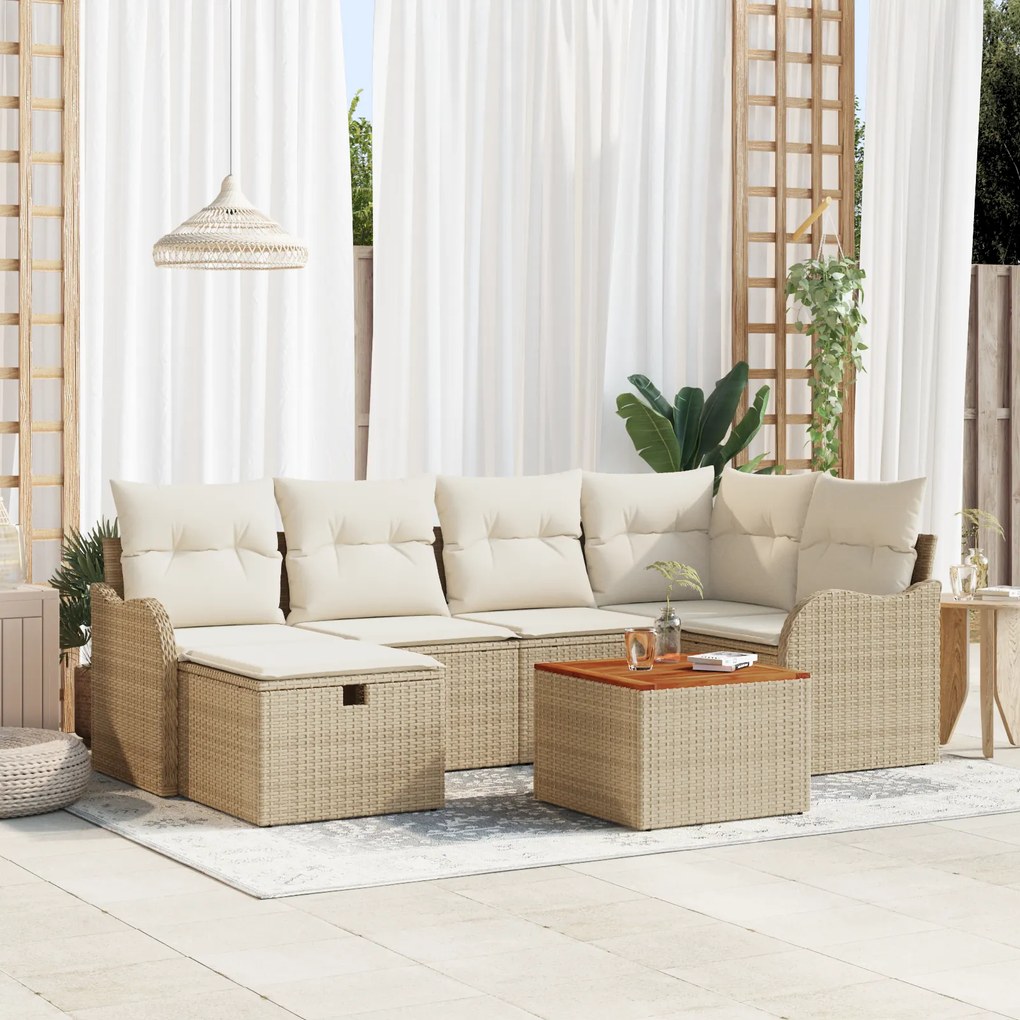 Conjunto de Sofá de Jardim de 7 Peças com Almofadas Bege Rattan Poliés