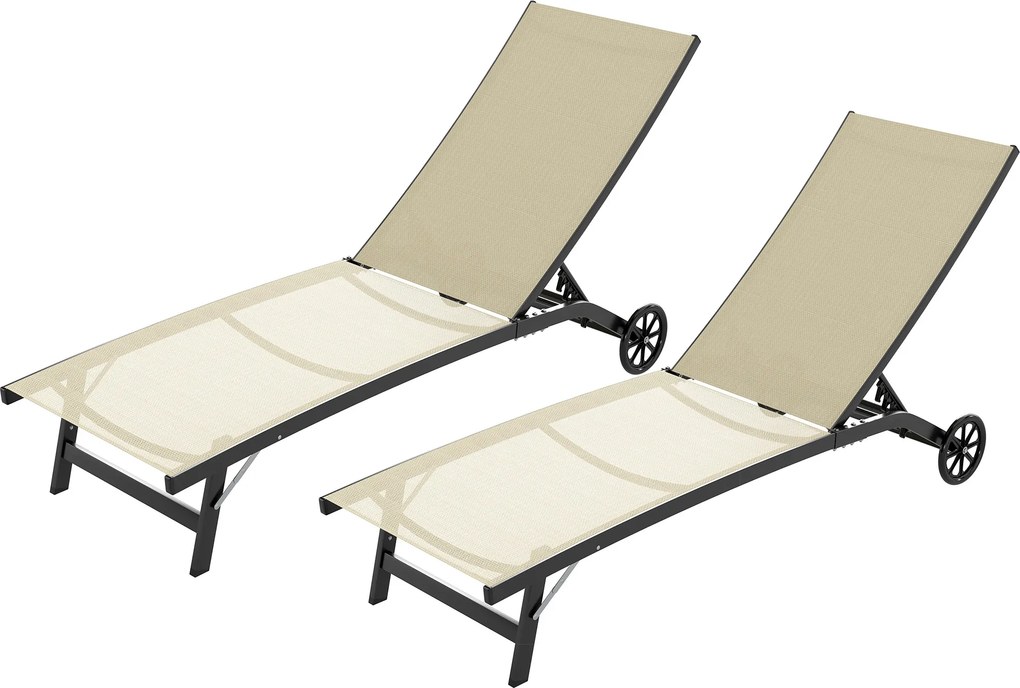 Conjunto de 2 espreguiçadeiras em alumínio e textilene com rodas e encosto reclinável, capacidade máxima de 150 kg, cor cáqui