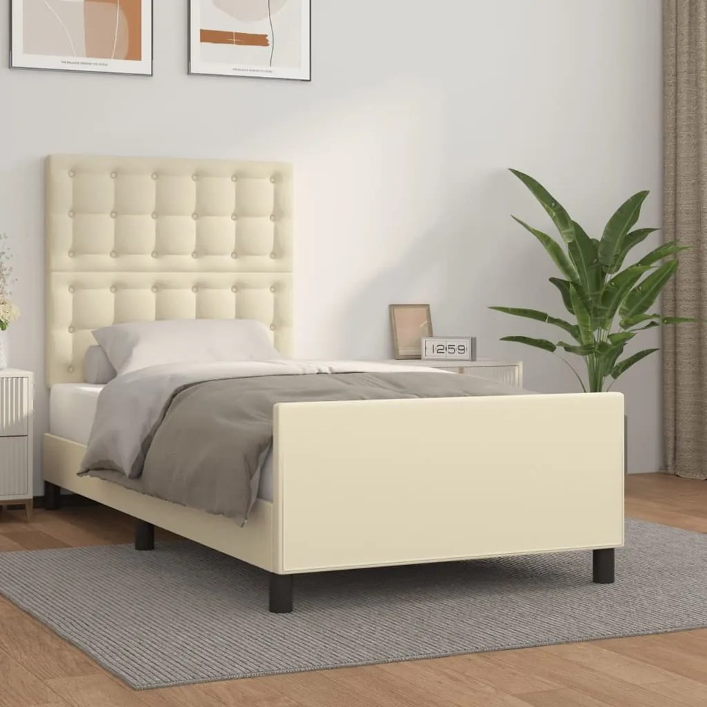 vidaXL Estrutura de cama c/ cabeceira couro artificial 90x200 cm creme