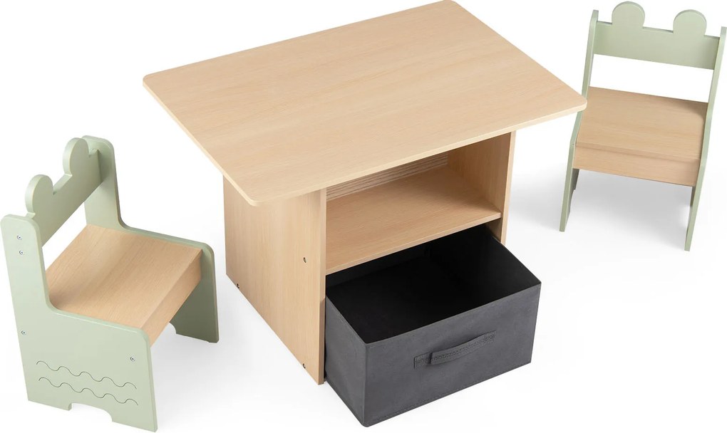 Conjunto de mesa e 2 cadeiras infantis, mesa de atividades com gavetas, tecido, dobrável, compartimentos de arrumação para crianças a partir dos 3 ano