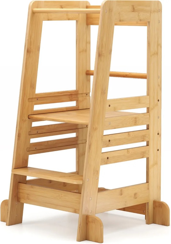 Torre de aprendizagem 60 x 58 x 91 cm para crianças de bambu para crianças com altura ajustável em 4 níveis Barras de segurança natural