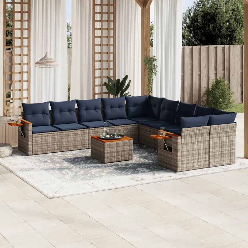 11 pcs conjunto sofás de jardim c/ almofadões vime PE cinzento
