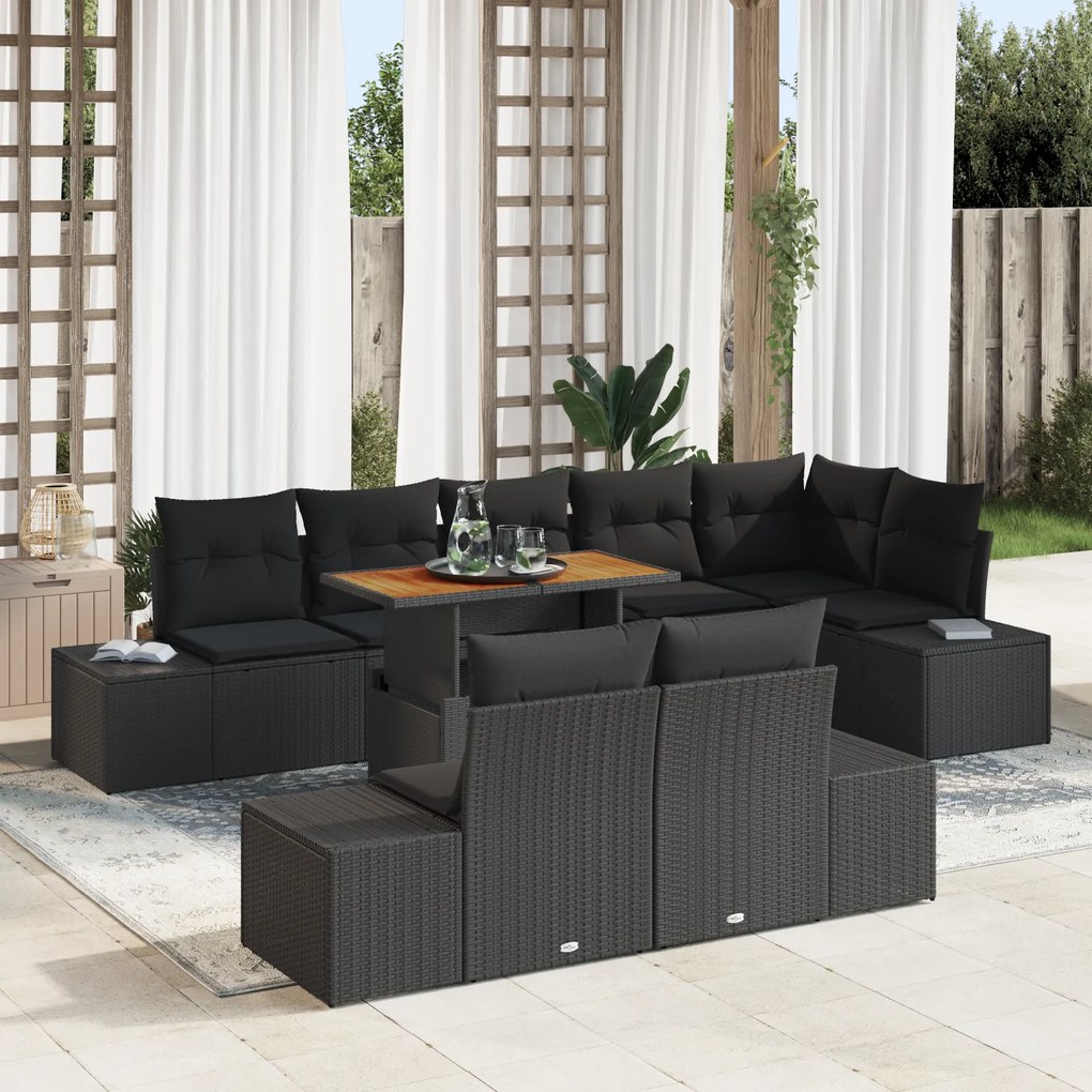 Conjunto de Jantar 9 Peças com Almofadas Preto Rattan Poliéster Acácia
