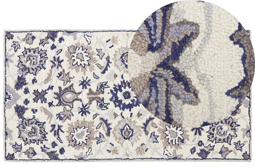 Tapete de lã creme e azul 80 x 150 cm KUMRU Beliani
