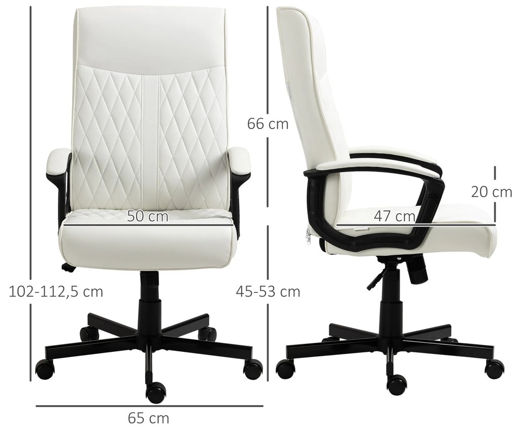 Cadeira de Escritório Giratória 360° com Encosto Alto Altura Ajustável e Função de Inclinação 65x65x102-112,5cm Creme