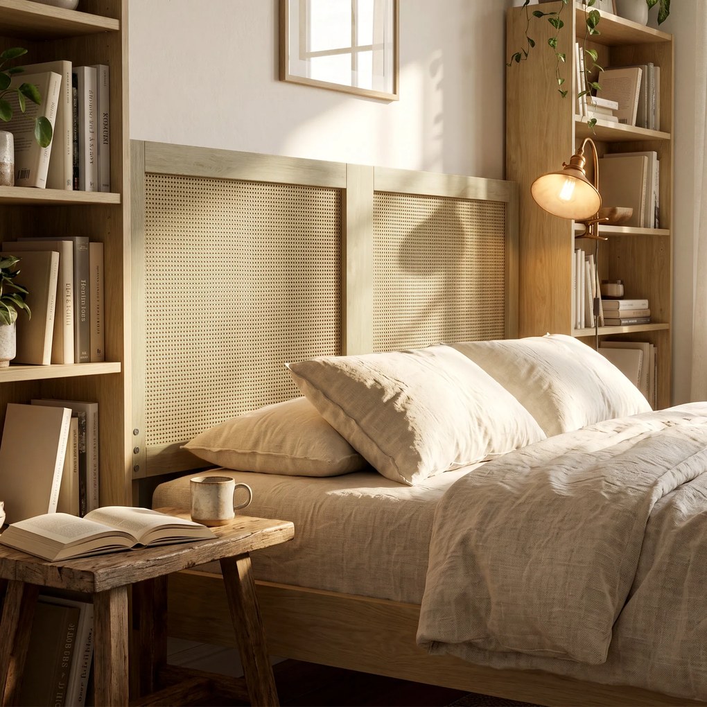 Cabeceira de Madeira com Efeito Rattan, Design Boho, para Quarto, 140 x 4 x 87 cm, Cor Carvalho