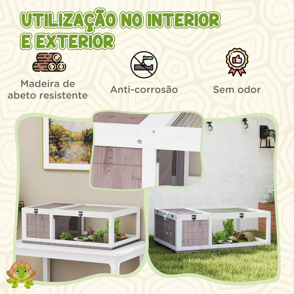 Terrario para Reptéis Casa para Tartarugas de Madeira com Painéis Laterais Transparentes e Trava 91x60,5x32 cm Castanho Acinzentado