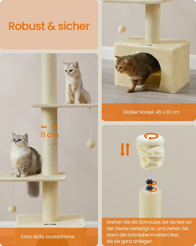 Arranhador para gatos com altura até ao teto 231-291 cm, ajustável em altura, bege