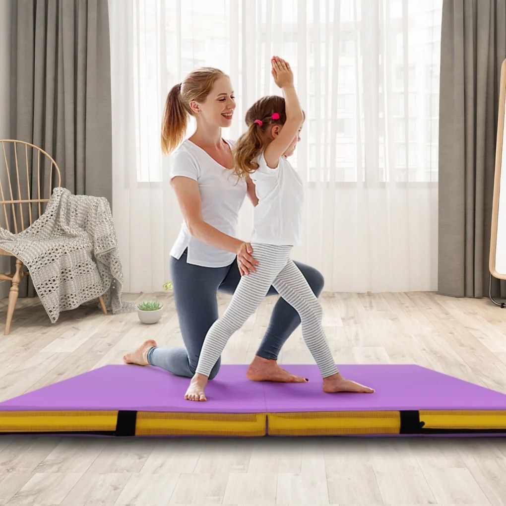 Colchão de ginástica dobrável 122 cm x 122 cm x 10 cm com capa de couro artificial e alças de transporte roxo
