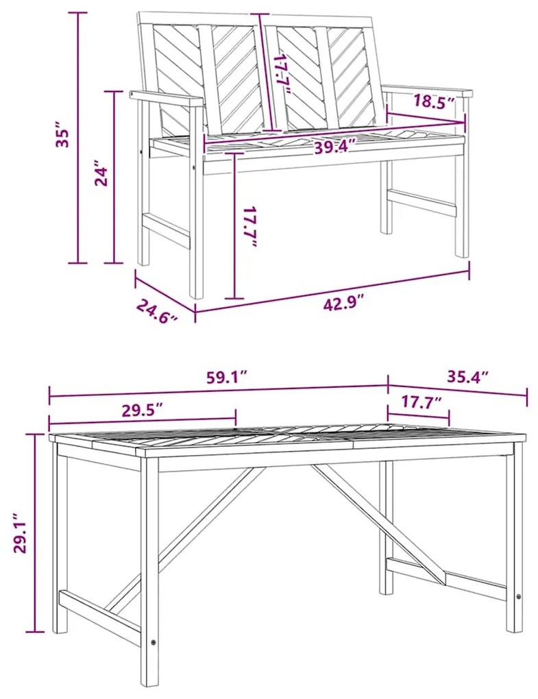 Conjunto de Jantar de Jardim 3 Peças Madeira Sólida Acácia