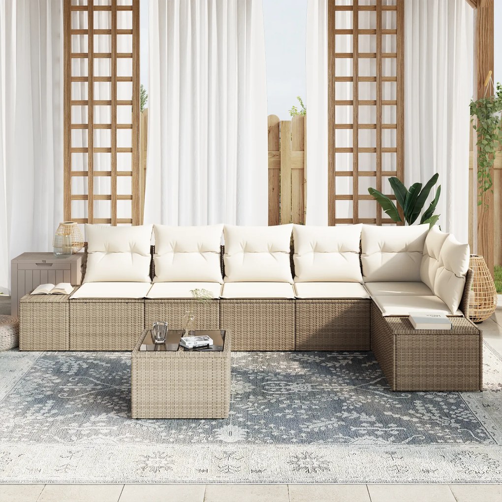 Conjunto de Sofá de Jardim de 7 Peças com Almofadas Bege Vime