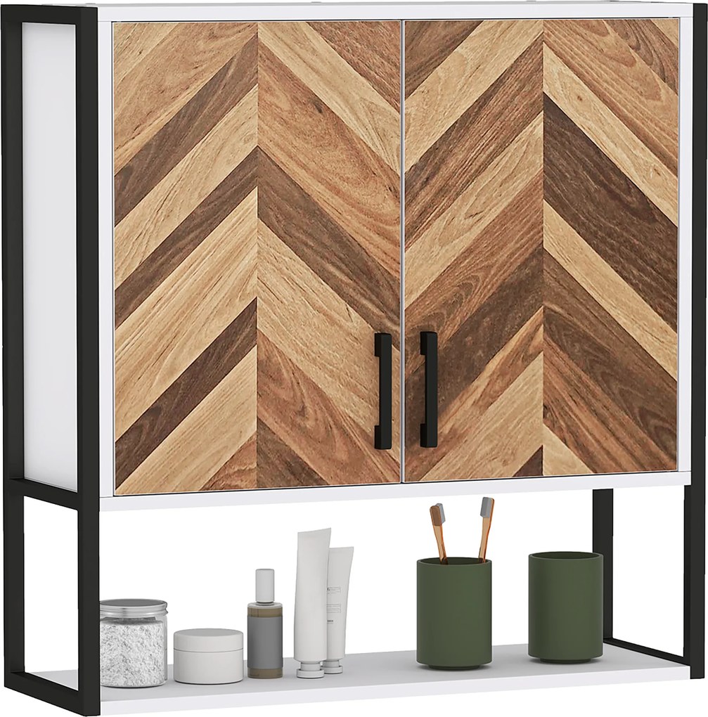 Armário de Parede para Casa de Banho com 2 Portas Prateleiras Ajustáveis e Prateleira Aberta 59x20x60 cm Branco e Madeira