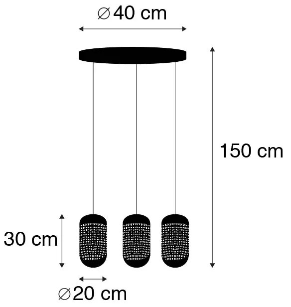 Candeeiro de suspensão vintage preto com latão redondo 3 luzes - Kayleigh