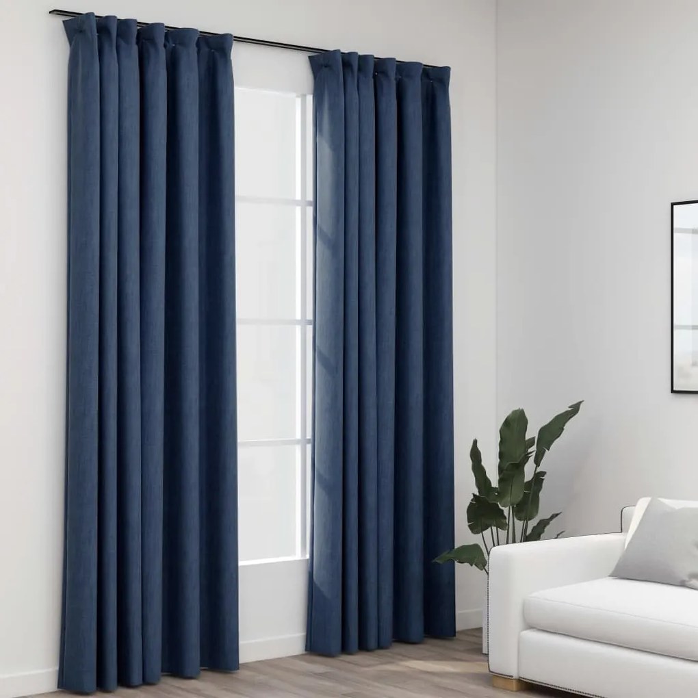 321181 vidaXL Cortinas opacas aspeto linho com ganchos 2 pcs 140x225 cm azul