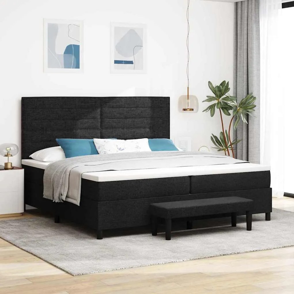 Cama com Box Spring com Colchão &amp; Banco Preto 200x200 cm Tecido