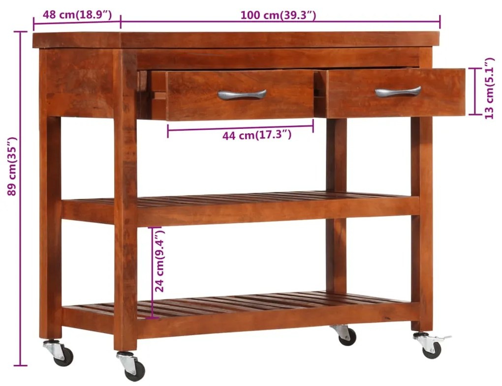Carrinho de cozinha 100x48x89 cm madeira de acácia maciça