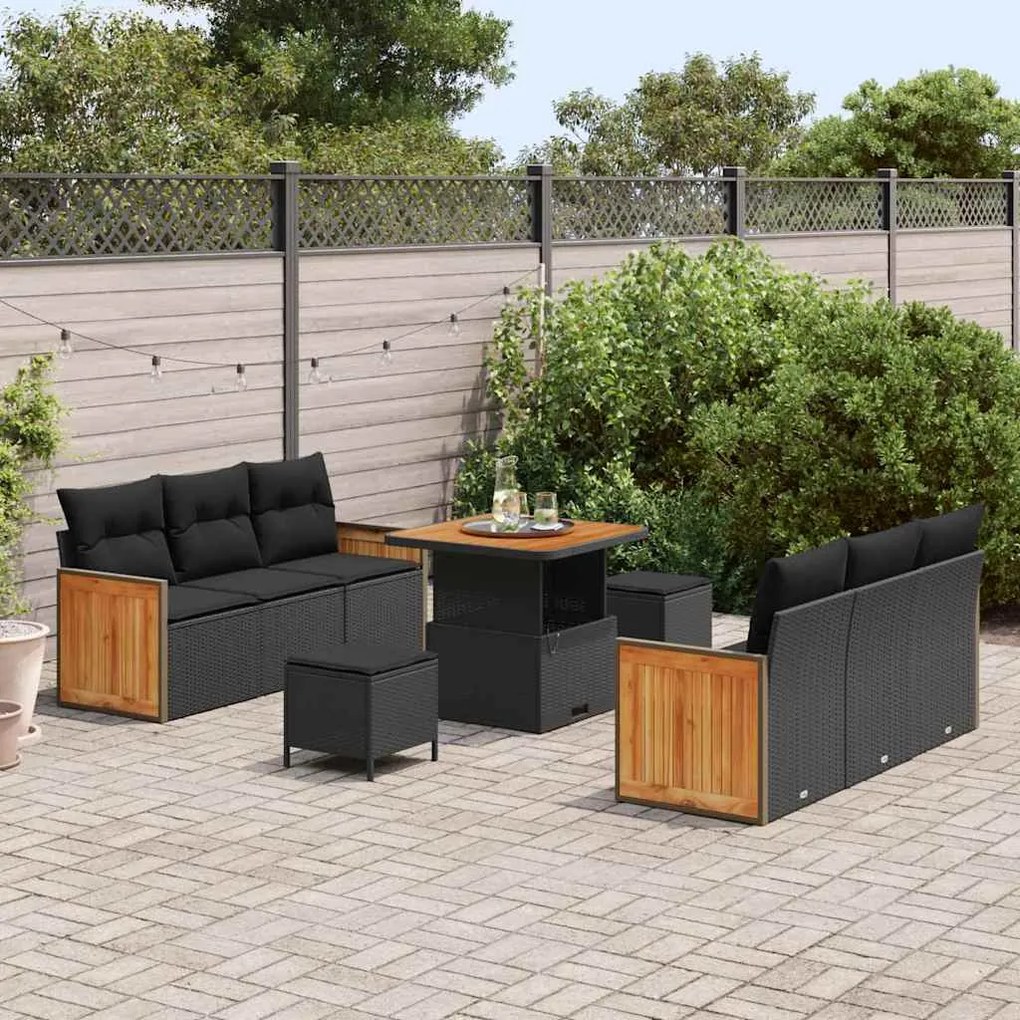 Conjunto de Sofá de Jardim vidaXL com Almofadas Preto Rattan Poliéster