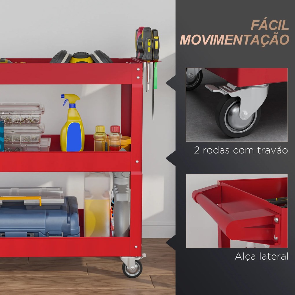 Carrinho de Ferramentas com Rodas 3 Prateleiras de Armazenamento e Alça Lateral 83x35,3x76 cm Vermelho