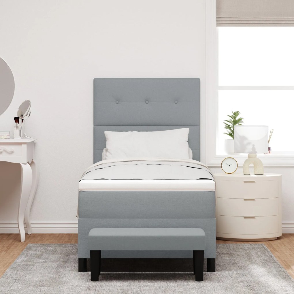 Cama Box Spring com Colchão e Banco Cinza Claro 100x200 cm Tecido