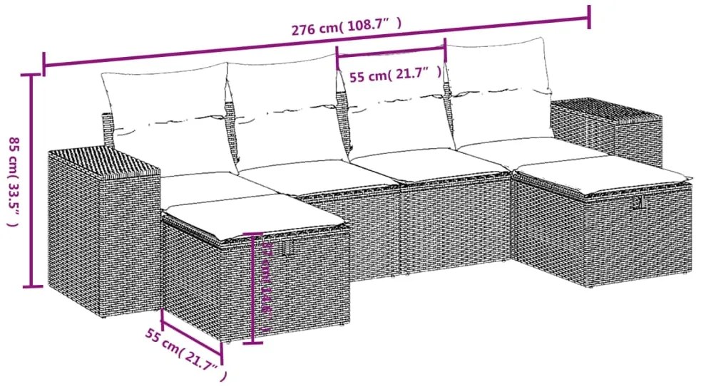 6 pcs conj. sofás jardim com almofadões vime PE cinzento-claro