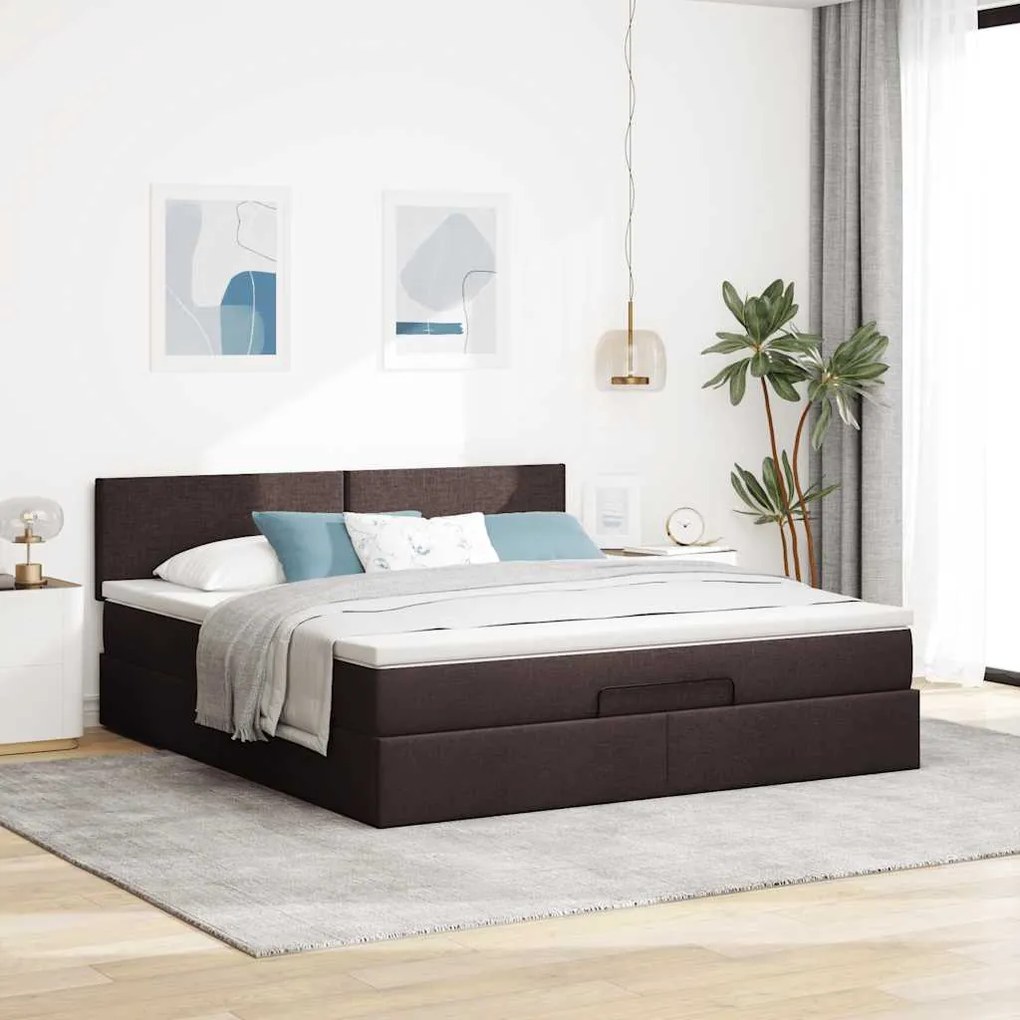 Estrutura de cama otomana com colchão tecido castanho escuro