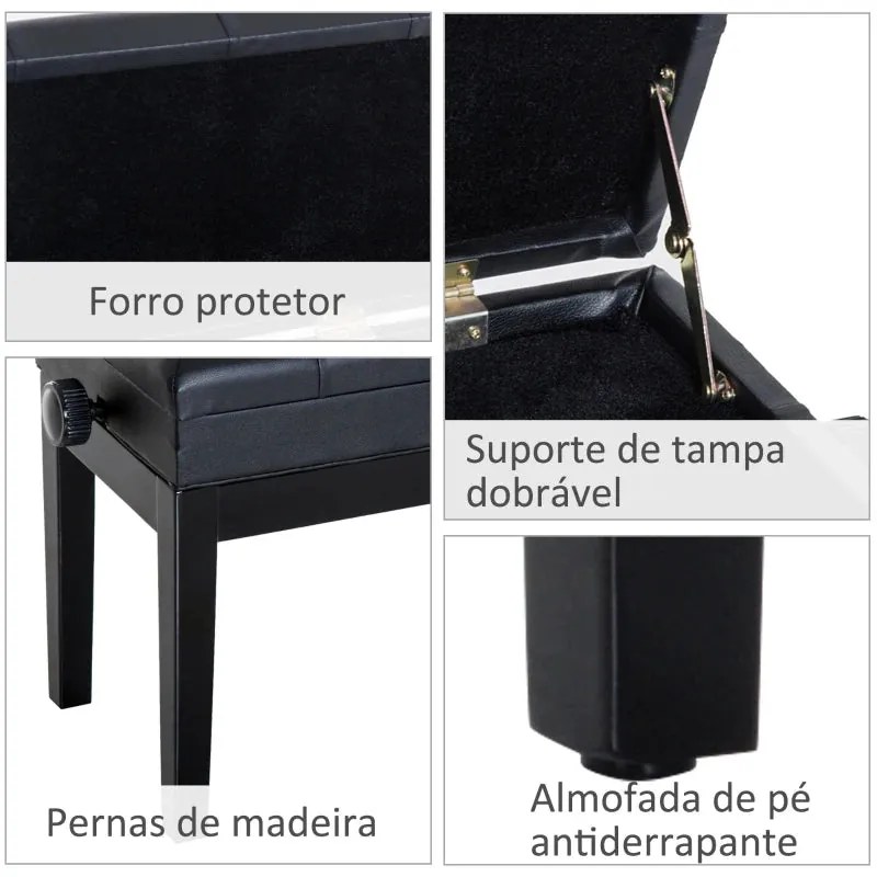 Banco de Piano – Altura Ajustável – 54,5x33x48-58 cm – Preto – Com Esp