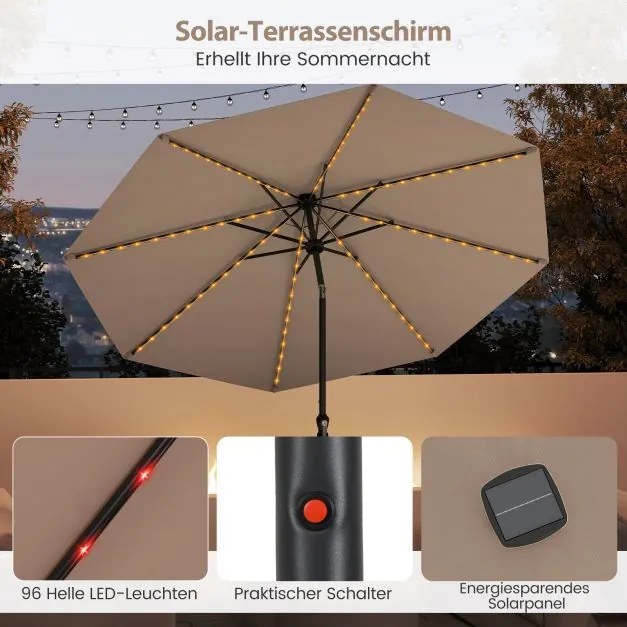 Guarda-sol de 300 cm com iluminação LED solar, 9 modos de iluminação, guarda-sol de jardim com manivela, café
