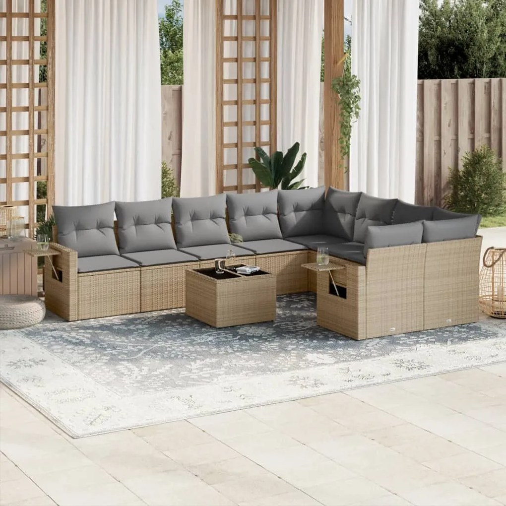 10 pcs conjunto de sofás p/ jardim com almofadões vime PE bege