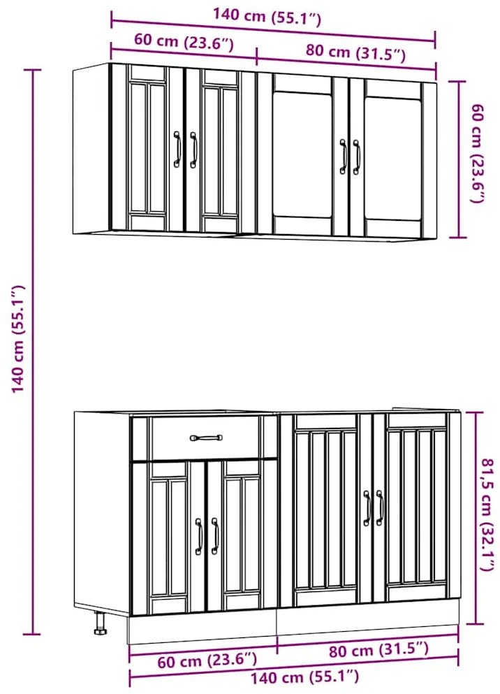 4 peças armário de cozinha conjunto Kalmar concreto cinza
