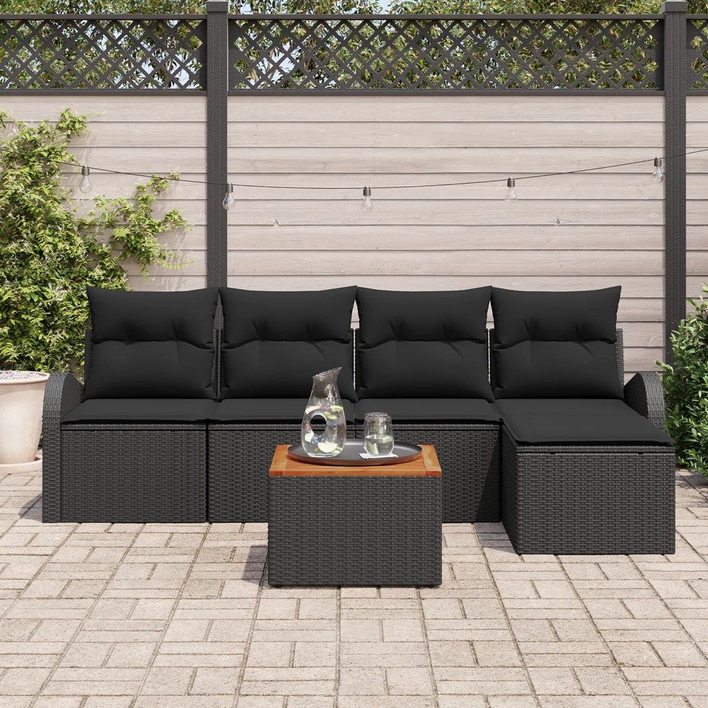 Conjunto de Sofá de Jardim vidaXL com Almofadas Preto Rattan Poliéster