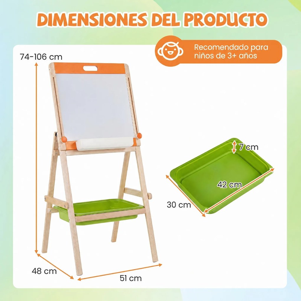 Cavalete Infantil de Desenho de Dupla Face, 51 x 48 x 74-106 cm, Altura Ajustável, Natural