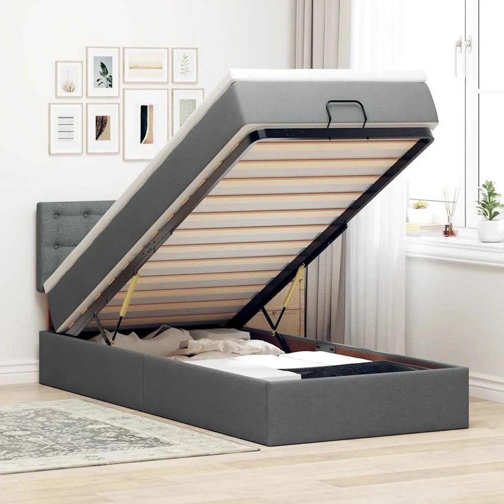 Cama otomana com colchão & LEDs 90x200cm tecido cinzento escuro