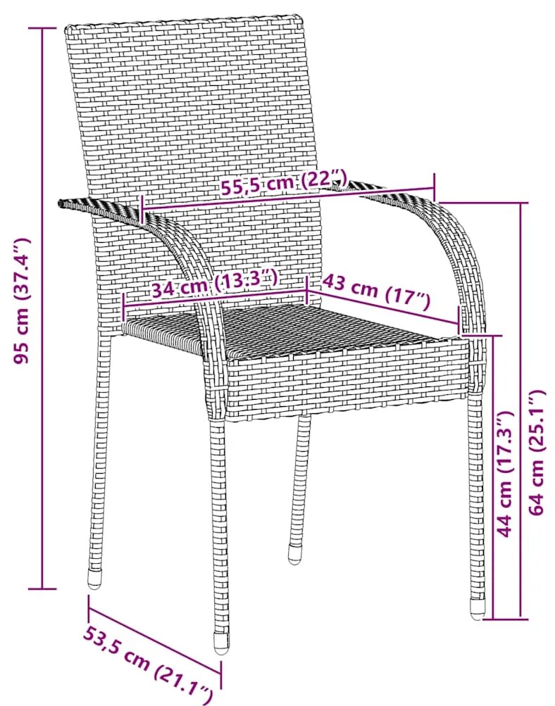 Cadeiras de exterior empilháveis 4 pcs vime PE cinzento