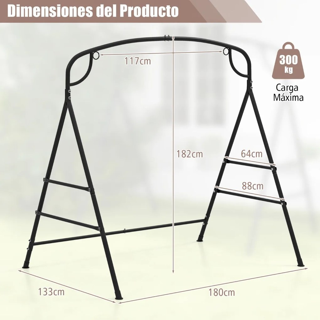 Estrutura em A de metal para Baloiço de Jardim com barras laterais duplas Design de 2 anéis Carga 300 kg para pátio jardim Três compartimentos Preto